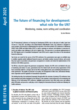 Cover of GPF briefing in corporate design with logo and titled "The future of financing for development: what role for the UN?